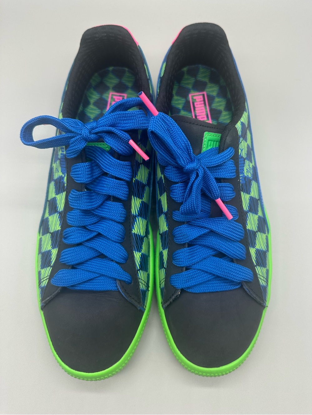 Puma Clyde Pit Crew Checkerboard Green Sneakers with Neon Trim